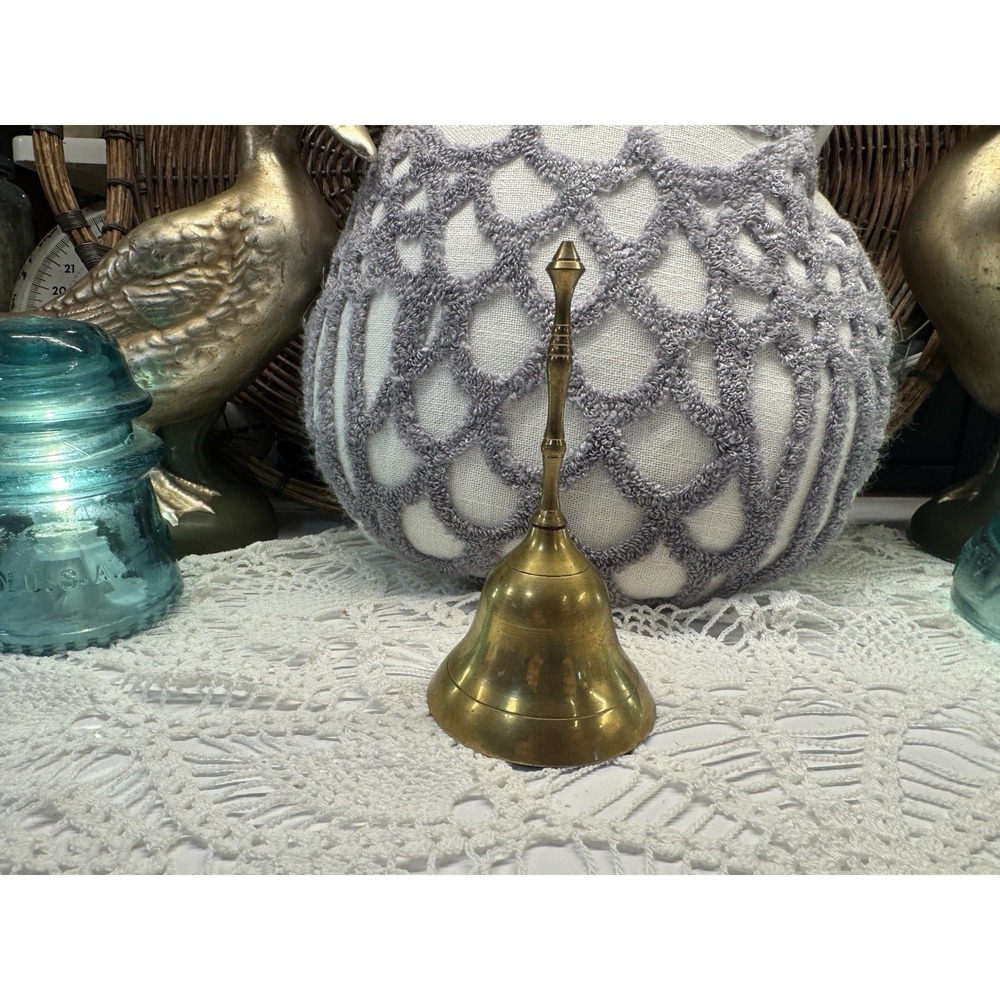 Antique Brass Hand Bell Gold Small Traditional Collectible with Handle